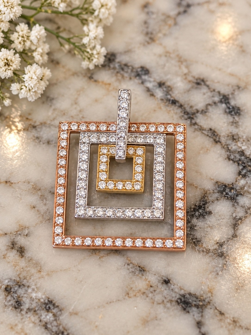 Heritage Gem Studio 1.04 Carat Total Diamond Square Tri Tone Pendant in 14 Karat